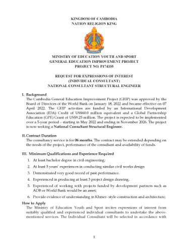 Project No. P174335 Request for Expressions of Interest National Consultant Structural Engineer